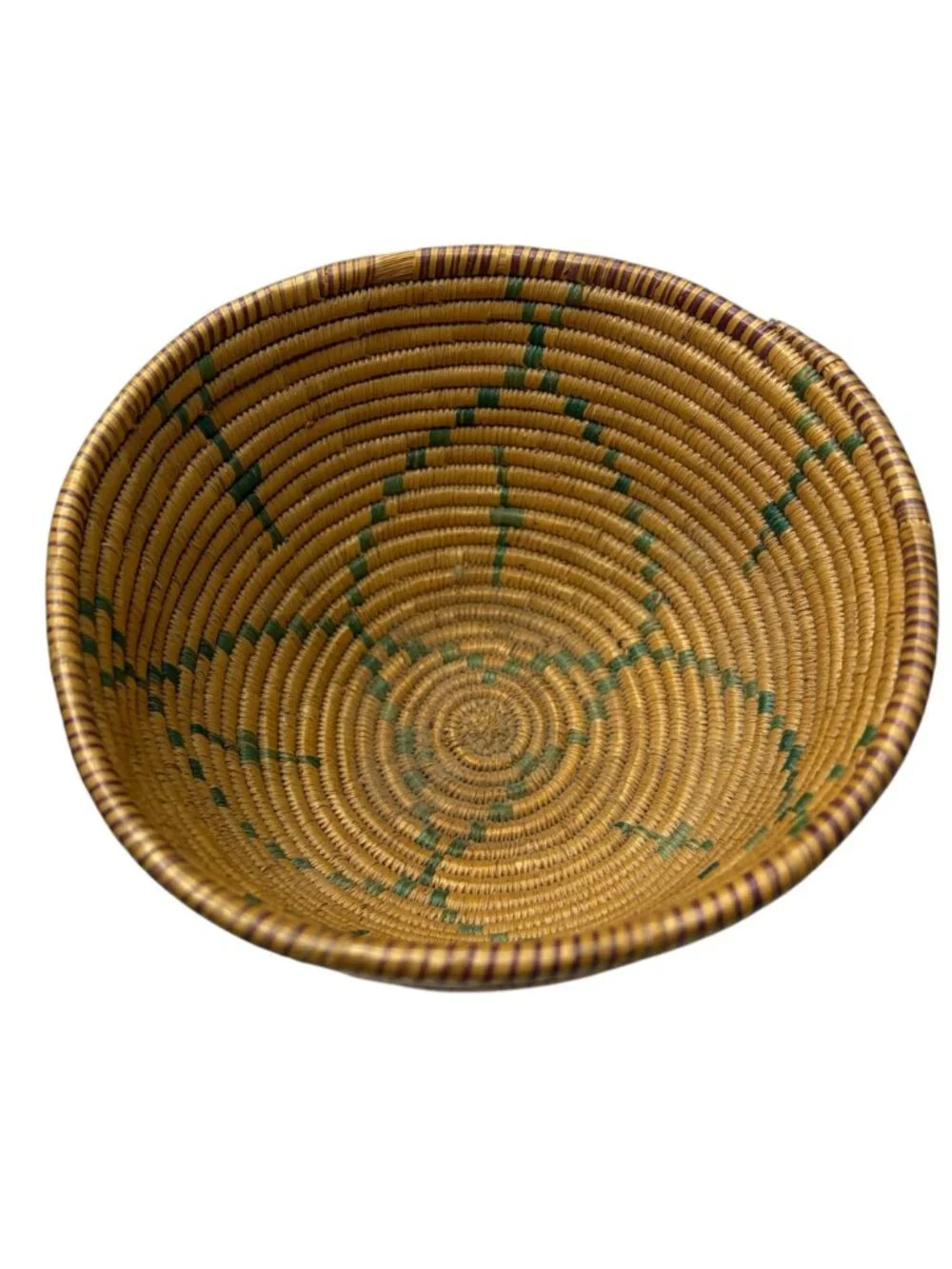 Vintage Handwoven Coiled Basket Bowl Geometric Green Accent Southwestern Boho 7.